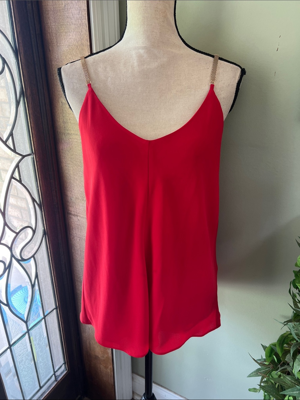 Red V-Neck Sleeveless Camisole Top with Gold Chain Straps
